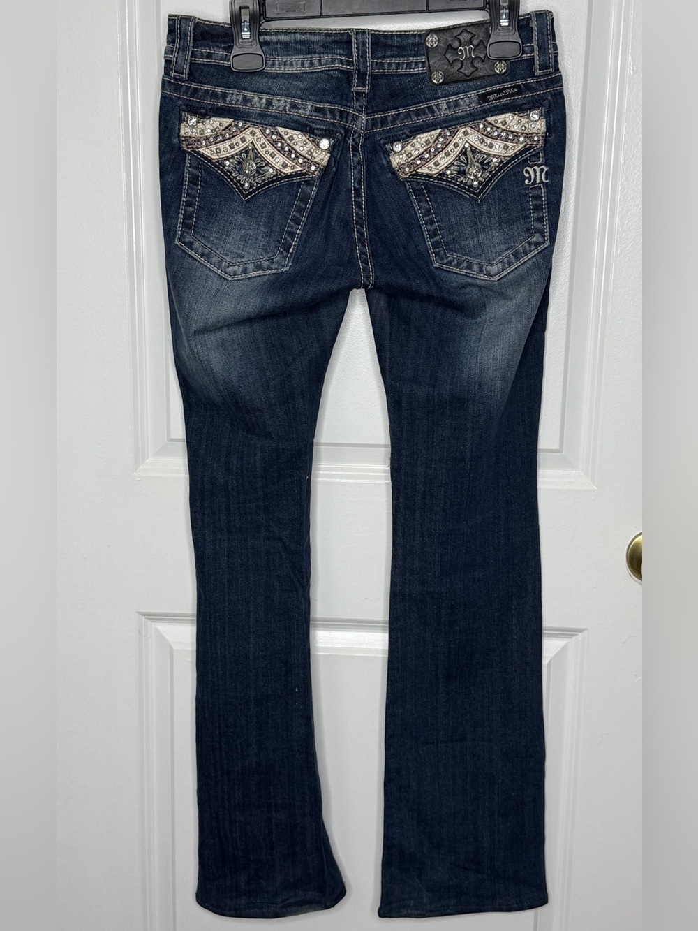 Miss Me Dark Blue Faded Boot Jeans Bling Stretch Slightly Distressed | GUC